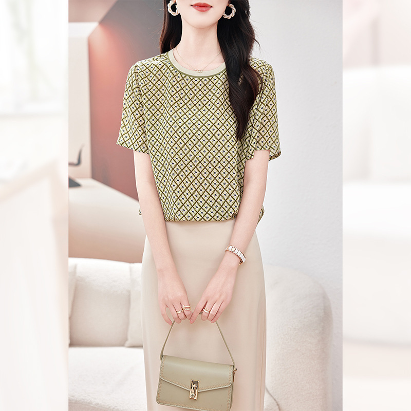 High-End Silk Crepe Short-Sleeved T-Shirt for Women 2026 New Summer Fashion Loose Casual Mom Wear Printed Shirt