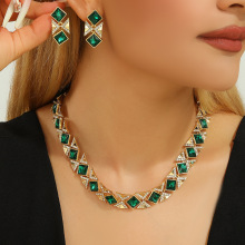 新款方糖拼色祖母绿项链女满钻豪镶宝石颈链欧美跨境高定彩宝饰品