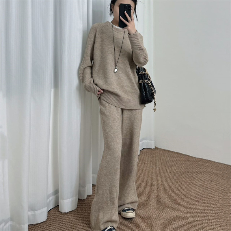 跨境外贸针织套装女秋冬新款慵懒风时尚休闲圆领毛衣阔腿裤两件套|undefined