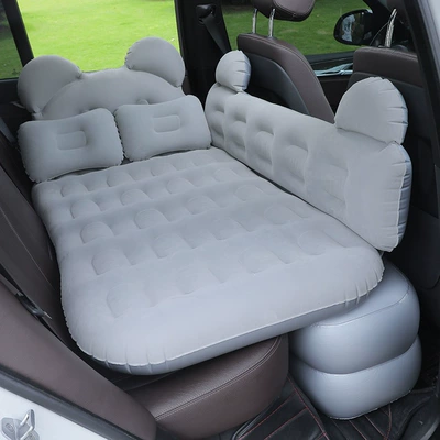 Vehicle-mounted inflatable bed | in the back seat of a car - default-item-thickened-flocked-bear-design-in-gray-dual-storage-ottomans-electric-pump