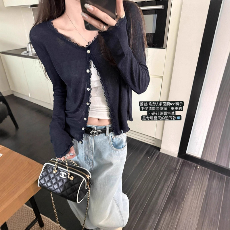 [Ready Stock in Our Own Factory] Lace Splicing Lace Soft Waxy Sunscreen Knitted Cardigan Light Jacket Top for Women Summer