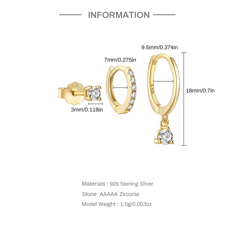 4g Weight Zircon Inlay Material Earrings Classification 3 Pieces Set Quantity Daily Occasion 925 Sterling Silver Material Geometric Pattern Women's Gender Plating, Inlay Design Simple Style Style 3 Pieces Set 925 Sterling Silver Zircon Geometric Earrings 无