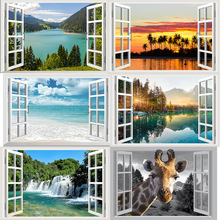 跨境3D假窗户森林湖泊大海落日风景家居装饰贴画自粘贴纸墙纸防水