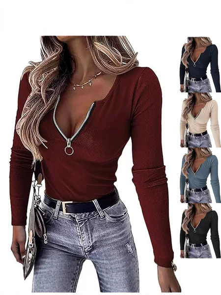 2025 Women's Elegant Autumn and Winter European and American Fashion Threaded Solid Color Zipper Long Sleeve T-Shirt Amazon Hot Top