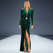 秋季外贸欧美女装性感深V领丝绒连衣裙长裙法式高端气质连衣裙女