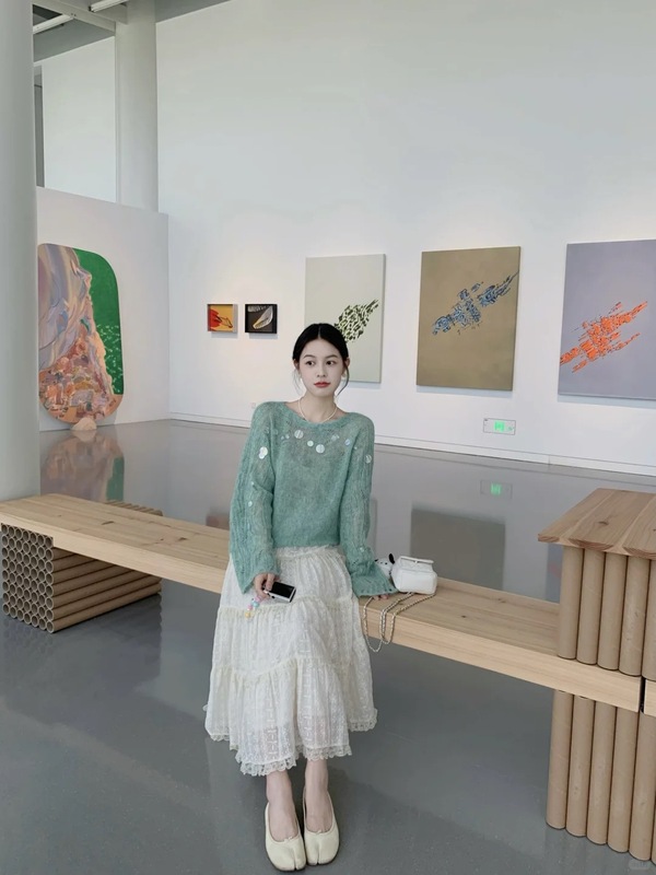 软糯！设计感领口亮片薄荷绿马海毛针织衫毛衣女早秋镂空上衣|undefined