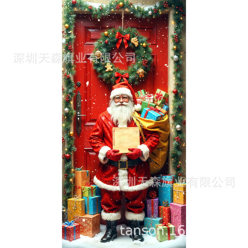 跨境爆款亚马逊圣诞节门盖旗帜雪人圣诞树真实感门套圣诞毛球花边|undefined