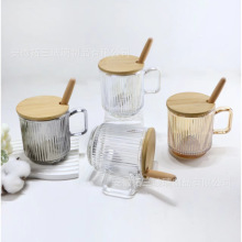 冰美式玻璃杯韩风ins带把手简约竖条纹拿铁咖啡杯冷饮马克杯水杯