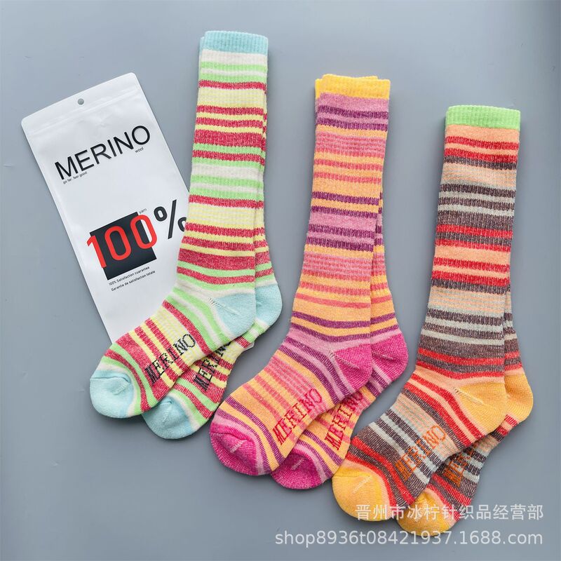 Merino Wool Winter Women's Thick Full-Pile Sports Socks with Colorful Stripes, Warm Knee-High Outdoor Skiing Socks