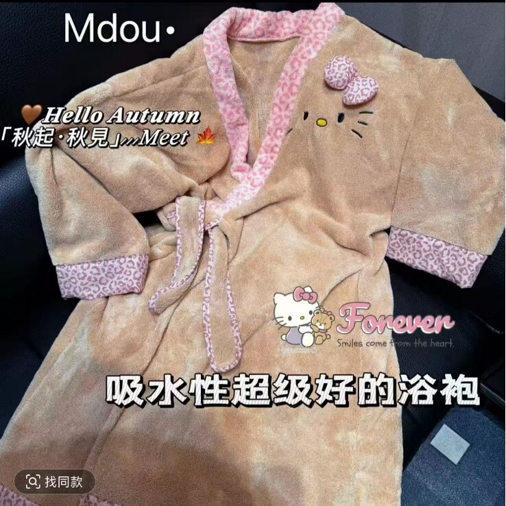 Leopard Print Kt Cat Thickened Coral Fleece Warm Bathrobe Bath Skirt Bath Towel New Wearable Wrap Autumn Winter Cute Cartoon Style Leopard Print Kt Cat Thickened Coral Fleece Warm Bathrobe Bath Skirt Bath Towel New Wearable Wrap Autumn Winter Cute Cartoon Style