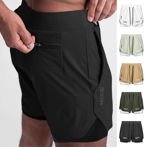 Cross-border summer men's sports shorts European and American large size anti-exposure five-point pants men's outdoor quick-drying double-layer fitness pants