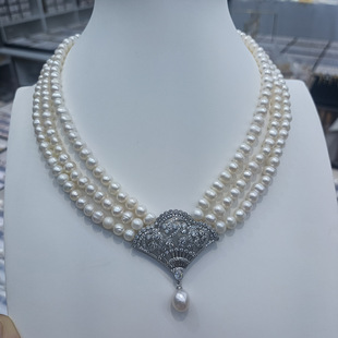 Zhuji Freshwater Pearl Multi-layer Necklace Women's 6-7mm Oval Flaw Fan-shaped Ethnic Style Retro Elegant All-match Trendy