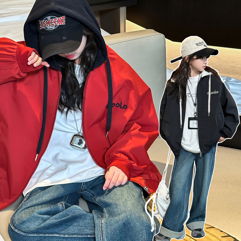 女童红色外套连帽秋季2025新款儿童秋装洋气时髦女大童夹克春秋款|undefined