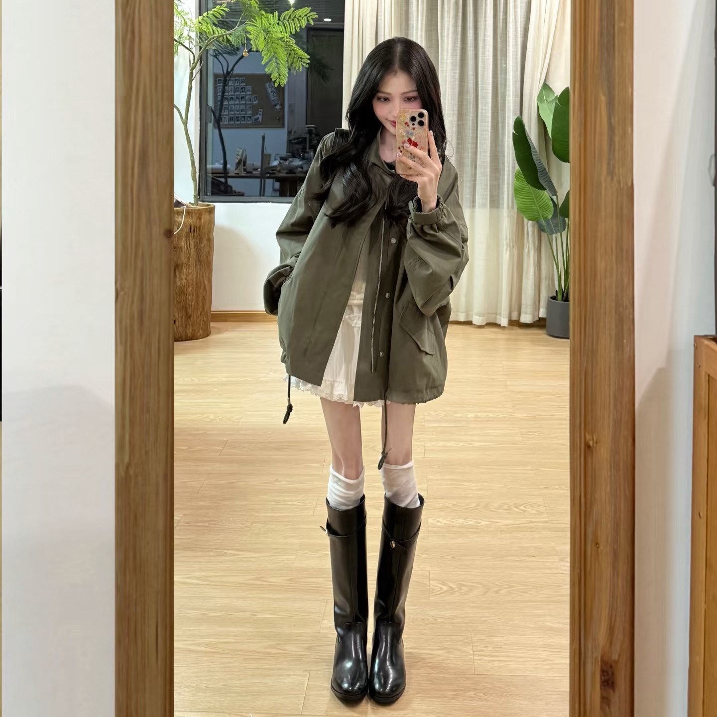韩系工装风宽松军绿色风衣外套女春秋季小个子中长版休闲长袖夹克