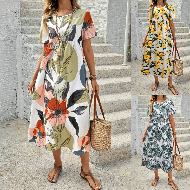Cross-Border Amazon European and American Fashion Printed Loose Long Skirt Summer Casual Vacation Round Neck Short-Sleeved Dress Cross-Border Amazon European and American Fashion Printed Loose Long Skirt Summer Casual Vacation Round Neck Short-Sleeved Dress