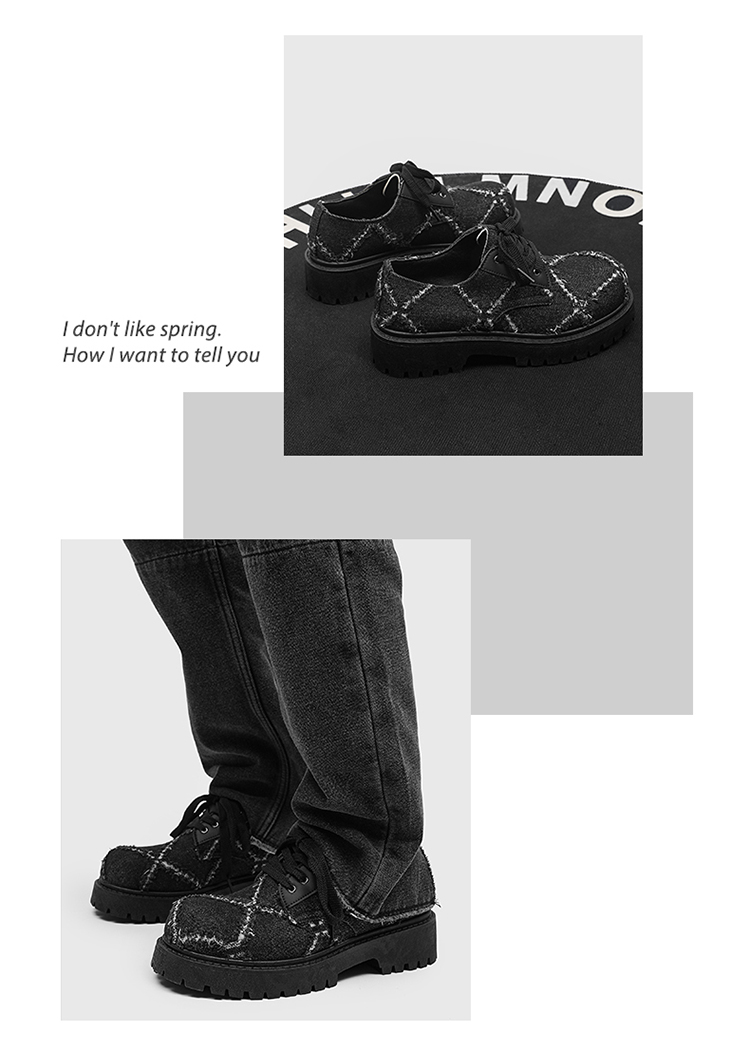 Baskets ShoeVault pour homme, collection automne, en toile noire délavée, semelle épaisse rehaussante, style derby décontracté._voghion.com