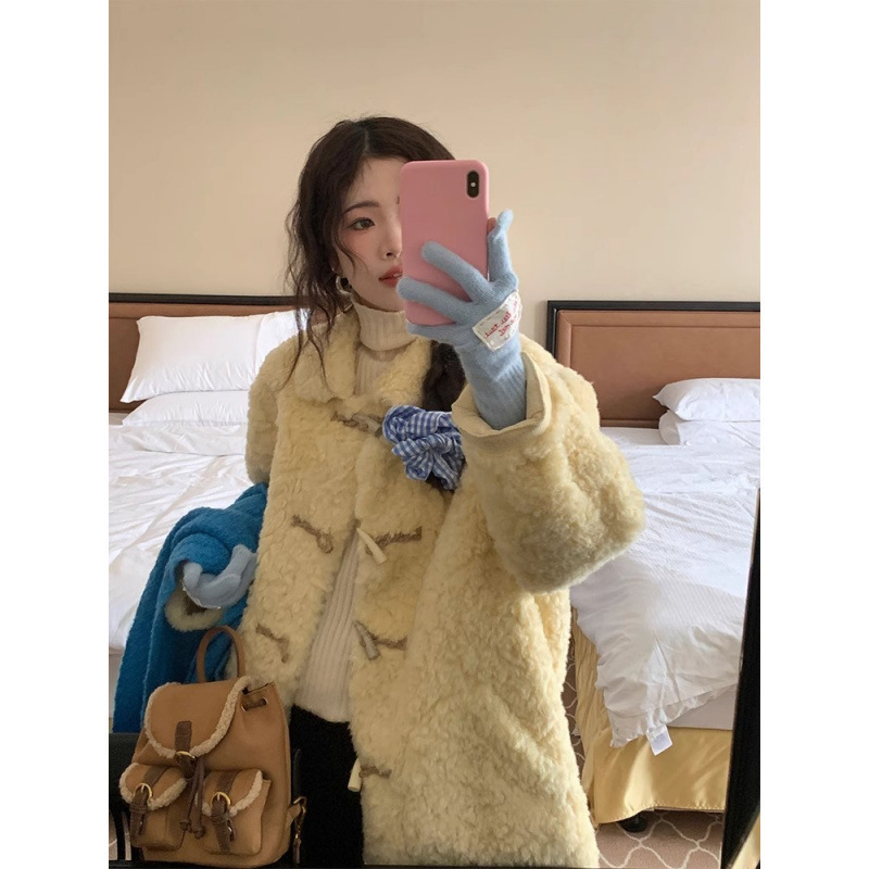 羊羔毛上衣中长款毛毛外套女韩系秋冬软糯皮撞色牛角扣大衣|undefined