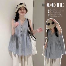 夏季新品现货简约流行元素可哺乳无袖时尚格子领上衣