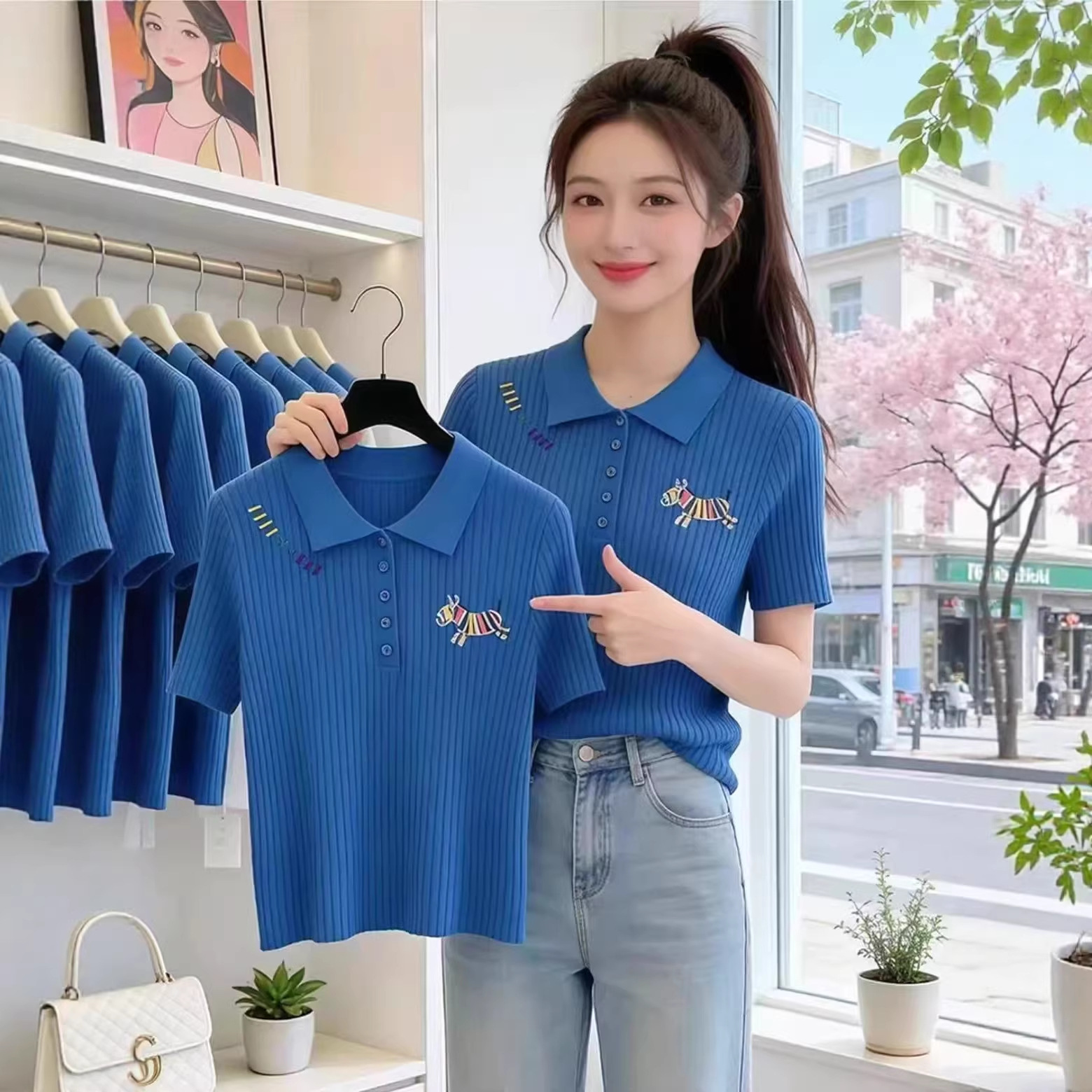 Áo thun polo nữ tay ngắn cổ bẻ họa tiết ngựa nhỏ cầu vồng — xanh lam chi tiết 4