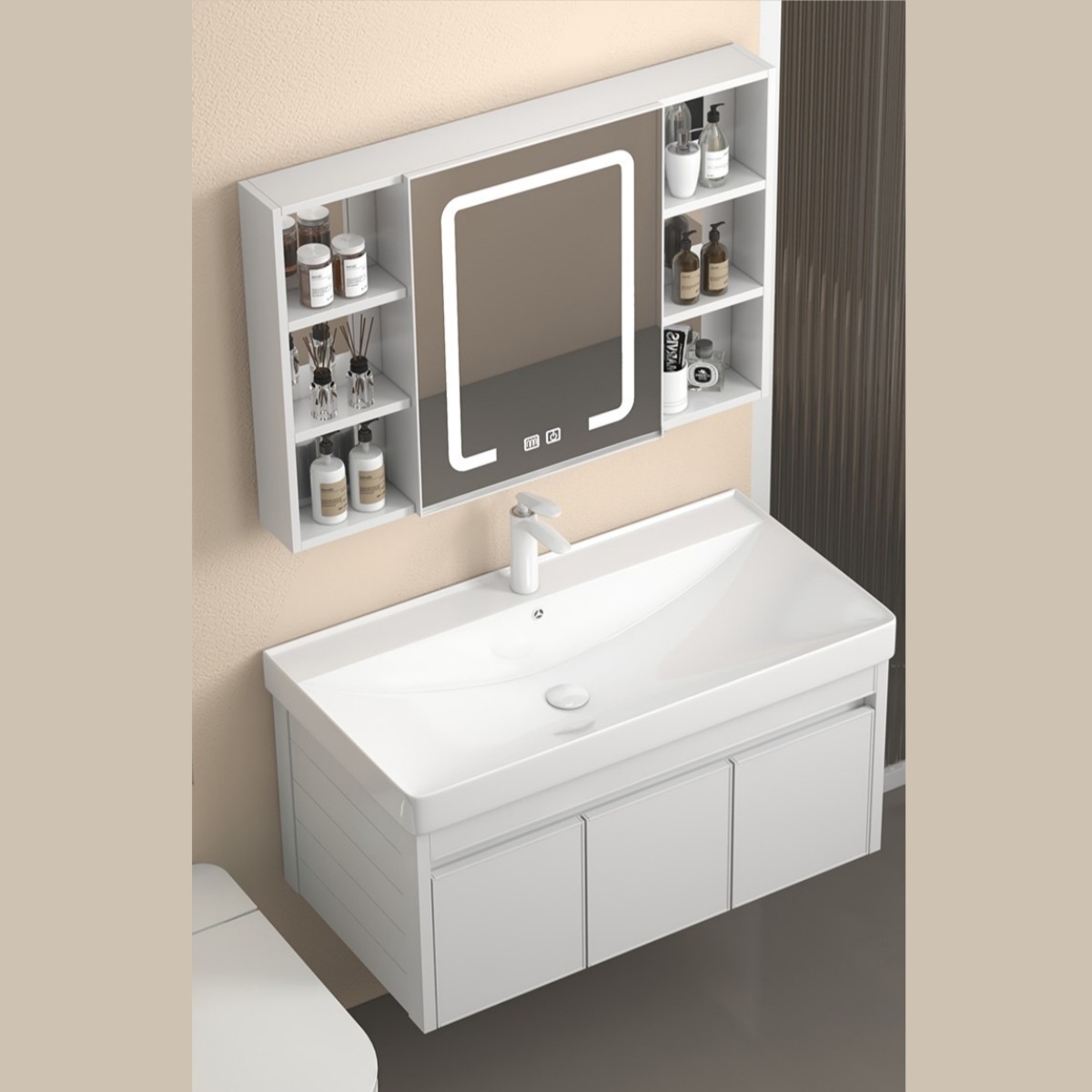 Gabinete de baño de aluminio espacial grueso combinación cerámica integral lavabo