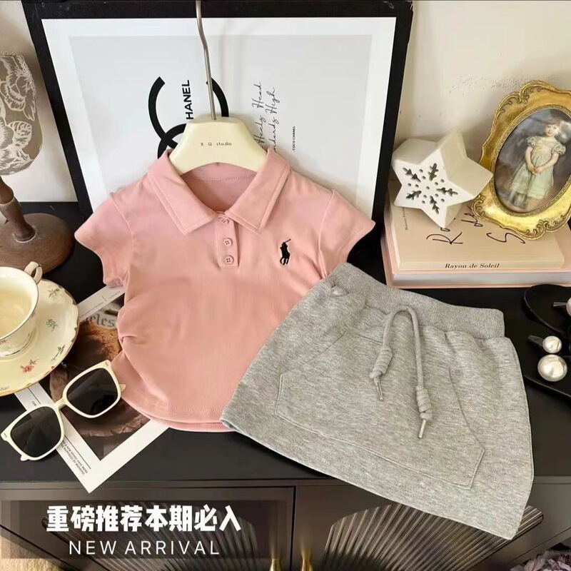 Children's Clothing Summer Girls' Suits for Small and Medium-Sized Kidsren Short-Sleeved Polo Collar Tops Korean Style Skirts Kidsren's Sportswear Two-Piece Set