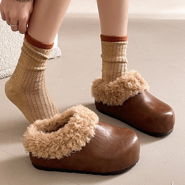 Birkenstock Shoes Autumn and Winter Fleece-Lined Thick-Soled Girls' Warm Cotton Shoes with Increased Leather Casual Furry Slippers