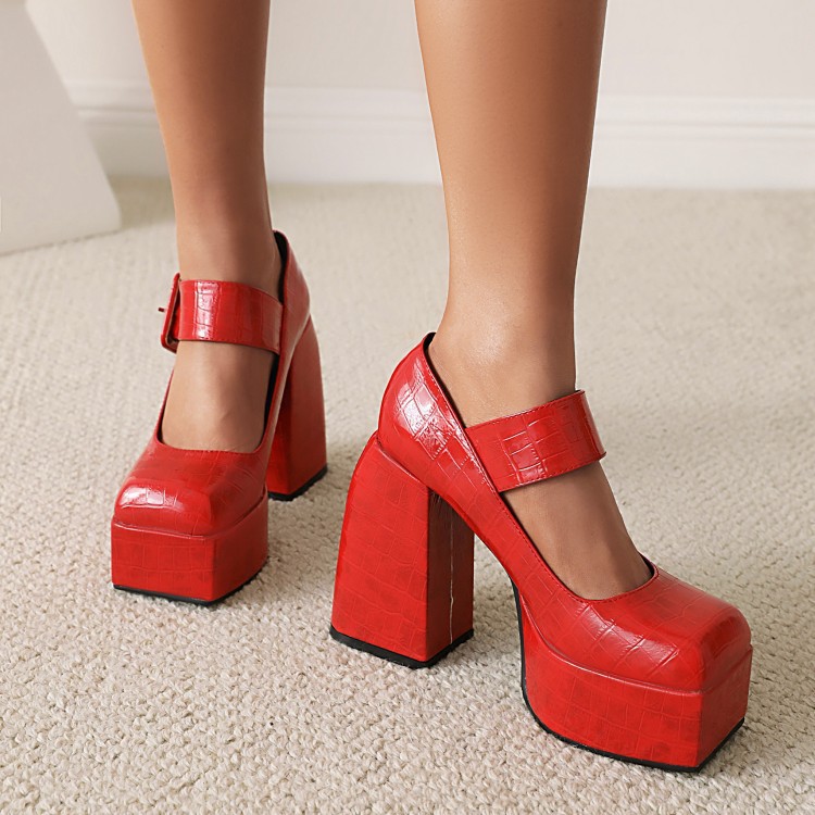 Square head thick with waterproof platform buckle high heels large size women's shoes stone pattern_voghion.com