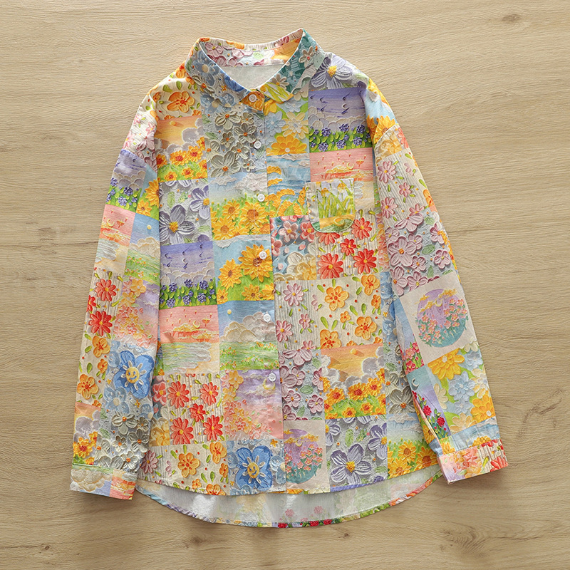 Autumn New Large Size Holiday Style Printed Boyish Shirt Women's Versatile Shirt Retro Lazy Long-Sleeved Top