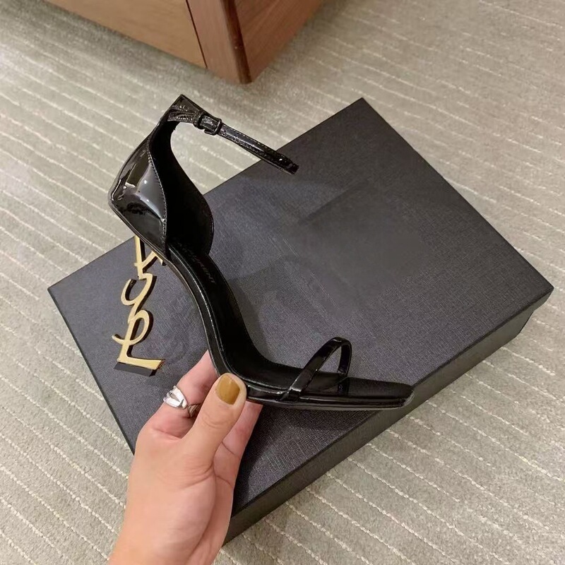 Saint S Lan High-Heeled Sandals for Women New Versatile Gold and Black Letter Heel Black Patent Leather One-Line Thin Buckle High Heels 8cm Saint S Lan High-Heeled Sandals for Women New Versatile Gold and Black Letter Heel Black Patent Leather One-Line Thin Buckle High Heels 8cm