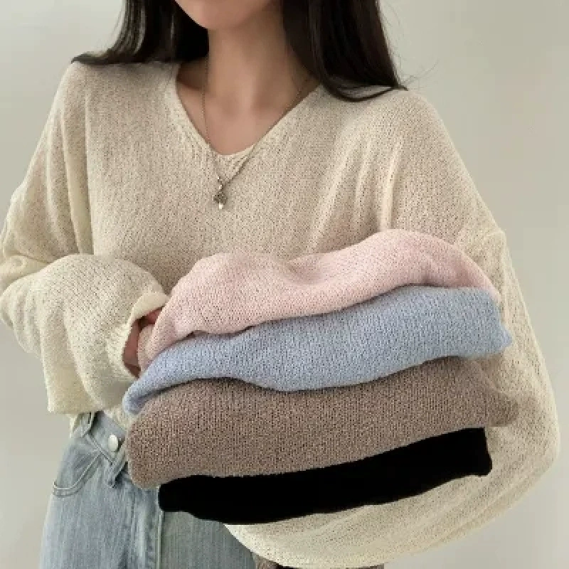 Свитер с длинным рукавом, oversize, V-образный вырез, солнцезащитный, корейский стиль