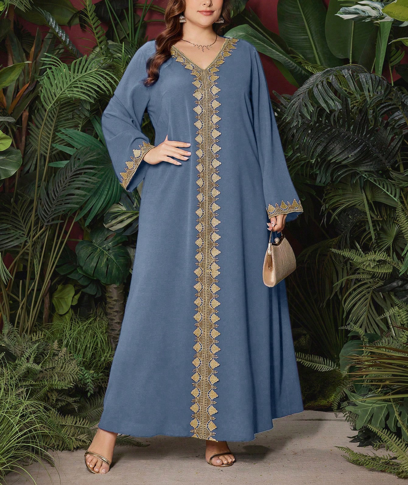 Ethno-Stil Damenkleid mit Stickerei, V-Ausschnitt, langen Ärmeln, lockerem Maxirock, Übergröße, exotische Herbstmode_voghion.com