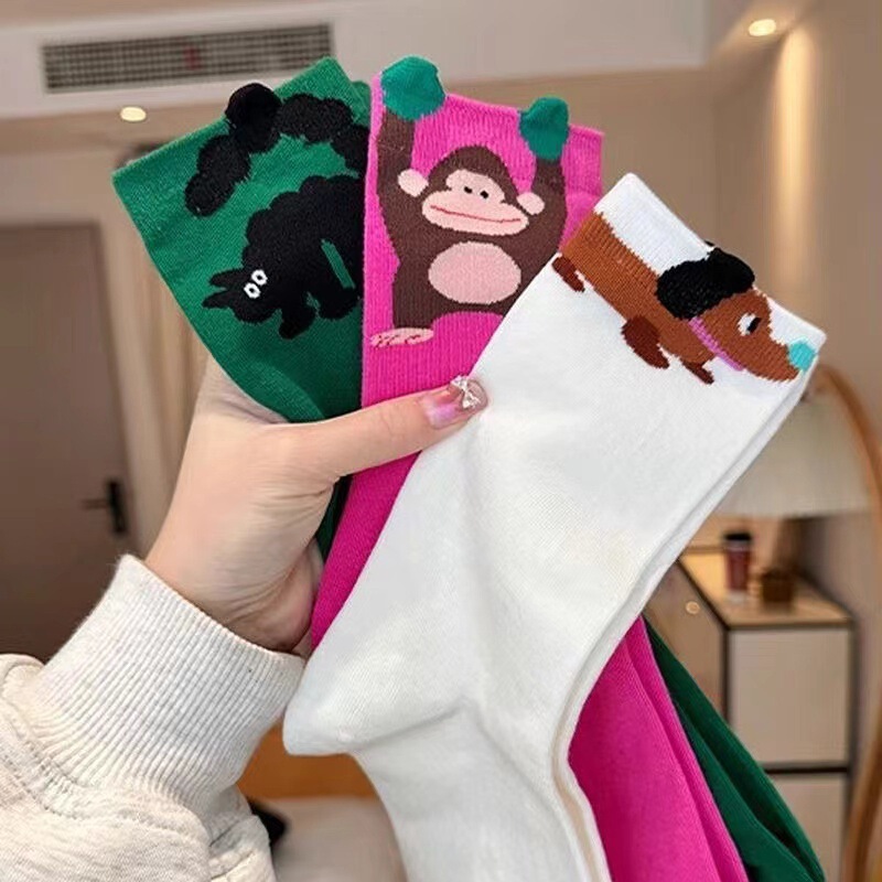 Renaissance Spring and Autumn Illustration Style Cute Animal Medium Tube Female Girly Socks Design Sweat Absorbing Boneless Women's Socks Trendy