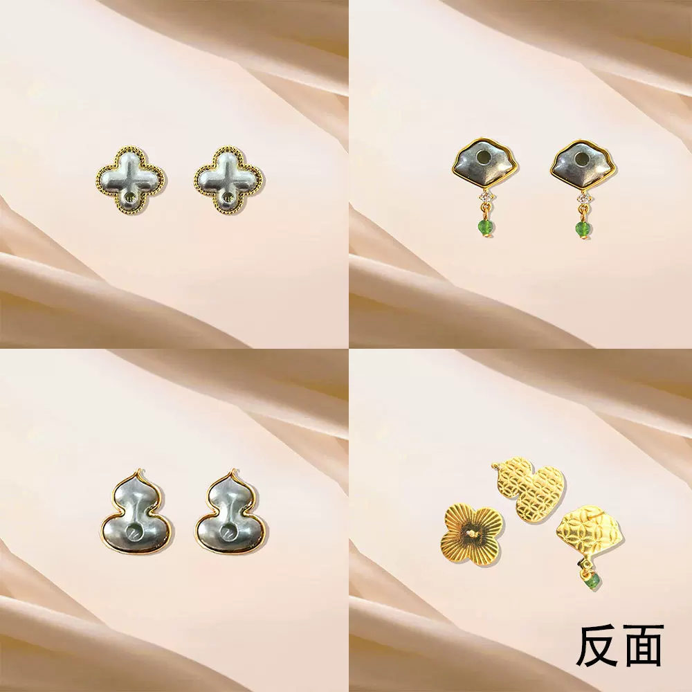 铜镀18K真金保色耳钉 s925宋锦手工DIY自制葫芦耳环带盖底胚批发