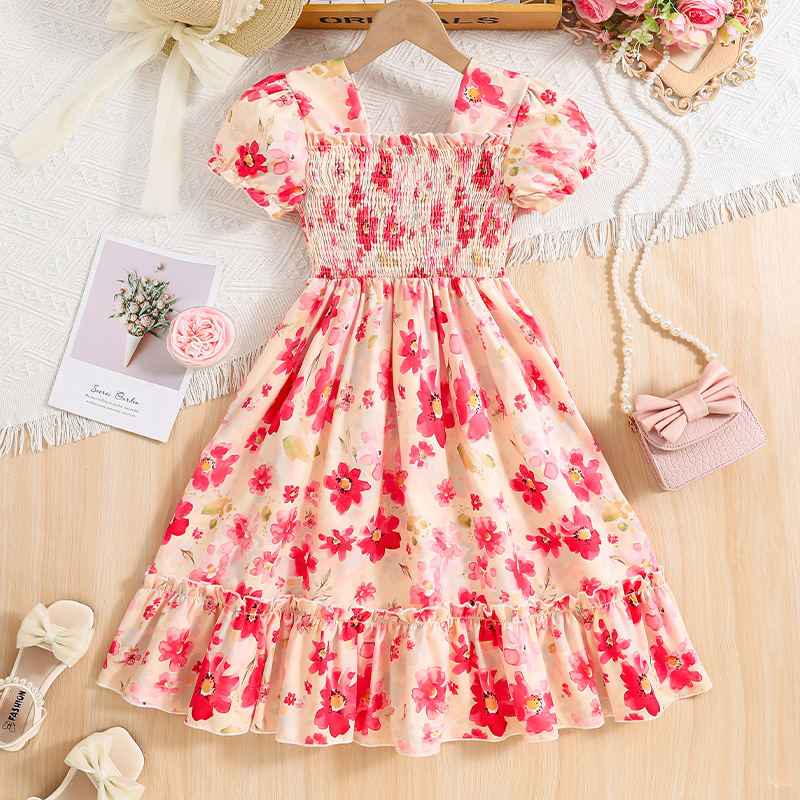 Cross-Border Export Summer Clothing Medium and Large Kidsren's Dress 2025 Summer Sweetheart Girls Puff Sleeve Skirt Dropshipping