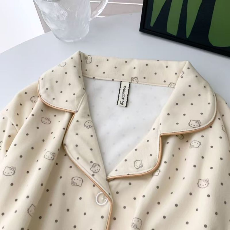 甜美可爱KT猫睡衣女秋冬季德绒加厚波点长袖长裤韩版居家服套装|undefined