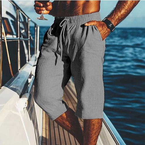 Men's Capri Pants New Linen Summer Beach Shorts With Pockets Drawstring Elastic Waist Solid Color Comfortable And Breathable_viptrois.com