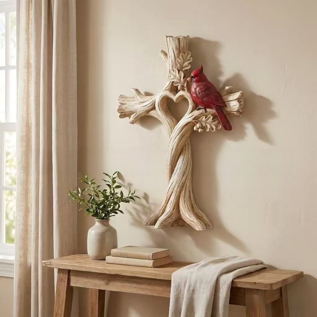跨境新品Hand-carved wooden decoration of the cross红鸟壁挂