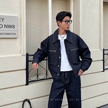 美式复古丹宁原牛拉链口袋牛仔夹克男春秋季新款短款宽松工装外套