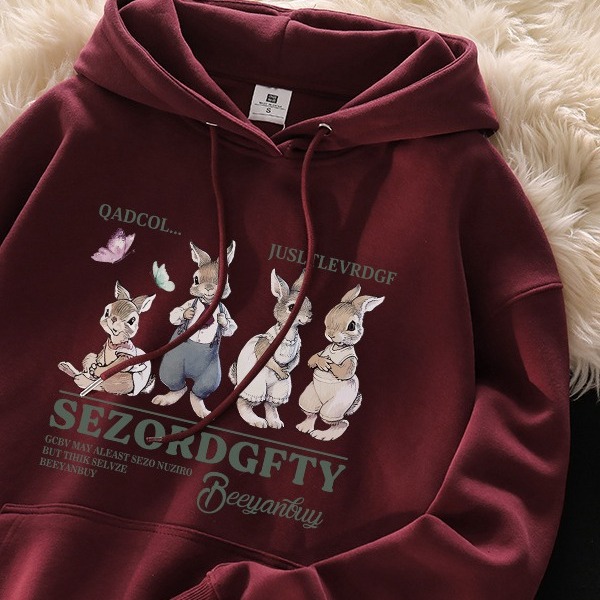 Four kangaroo American printed hooded sweater women's autumn and winter New Korean style loose fleece-lined thickened college style coat