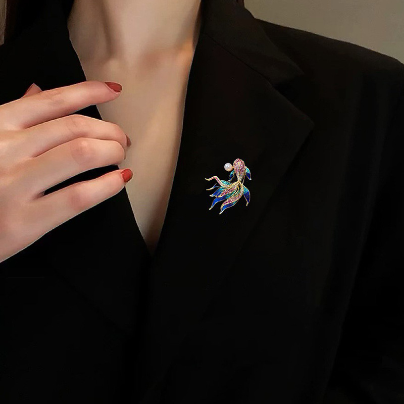 DIY accessories Chinese style koi goldfish brooch enamel copper gold-plated zircon pin pearl corsage empty holder