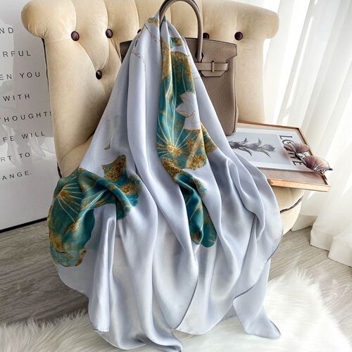 Elegant ladylike sun protection silk scarf, new simulated silk lotus flower print shawl, elegant and atmospheric in spring and summer