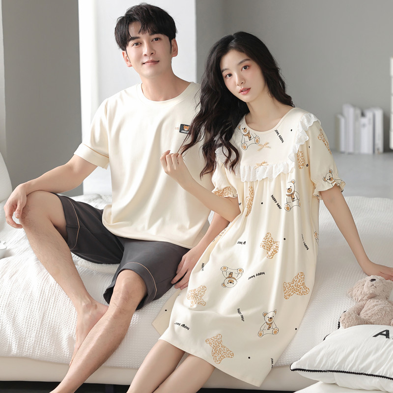 Couple Pajamas Summer Cotton Short-sleeved Thin Nightdress Cartoon Cute Men's and Women's 2024 New Arrival Outwear Home Clothes