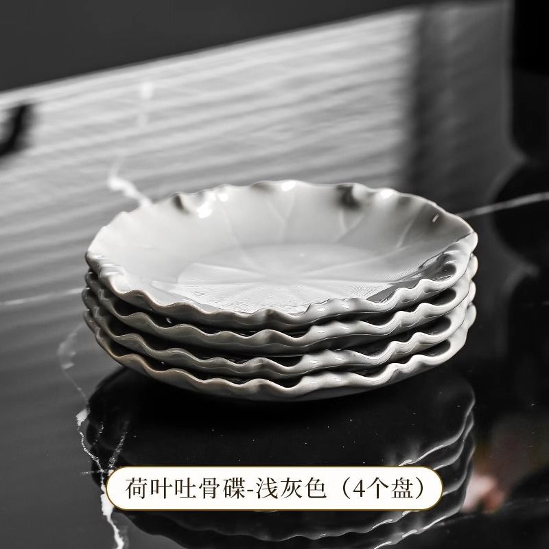 荷叶陶瓷吐骨碟轻奢小吃盘甜品盘干果盘高颜值小碟子带收纳架套装|undefined