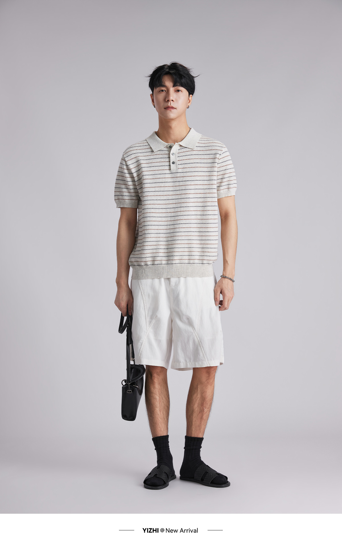 Áo polo nam dệt kim cotton sọc ngắn tay, phong cách old money, form ôm thoáng khí — Hạnh nhân sọc chi tiết 10