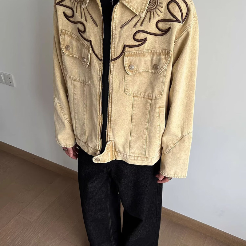 American Vintage Flame Embroider Western Washed Baseball Jacket High Street Niche Retro Jacket