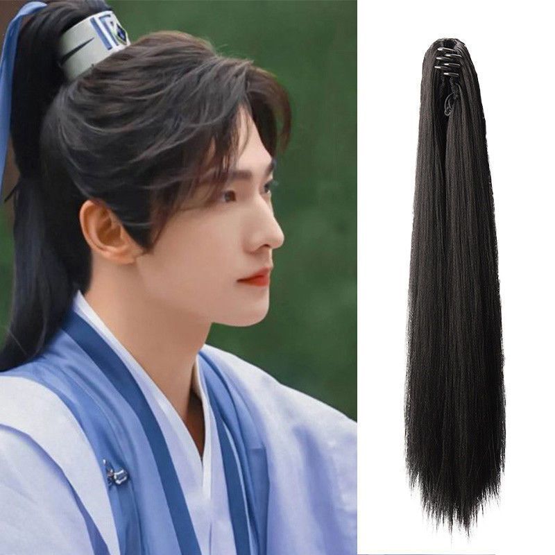 Ancient Style Wig for Women, Clip-On Long Straight Hair Ponytail, Hanfu Men's Ancient Costume Warrior Bun, High Ponytail for Film and Television Ancient Style Wig for Women, Clip-On Long Straight Hair Ponytail, Hanfu Men's Ancient Costume Warrior Bun, High Ponytail for Film and Television