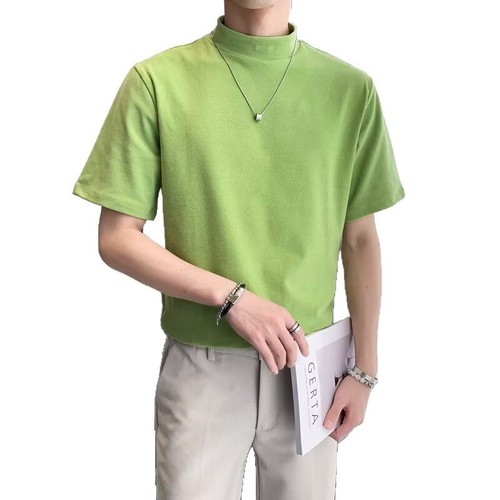 Men's Summer Short Sleeve T-Shirt Ins-Hot Loose Casual Half High Collar Half Sleeve Base Shirt Trendy Cool Stylish Versatile Top