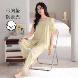 带胸垫睡衣女夏纯棉公主风甜美短袖开衫全棉宫廷风家居服夏季薄