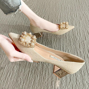 Xiaoxiang Style Single-layer Shoes Women's Chunky Heel 2023 New Spring and Autumn Wedding Shoes Bridal Shoes Pointed High Heels Design Sense Niche