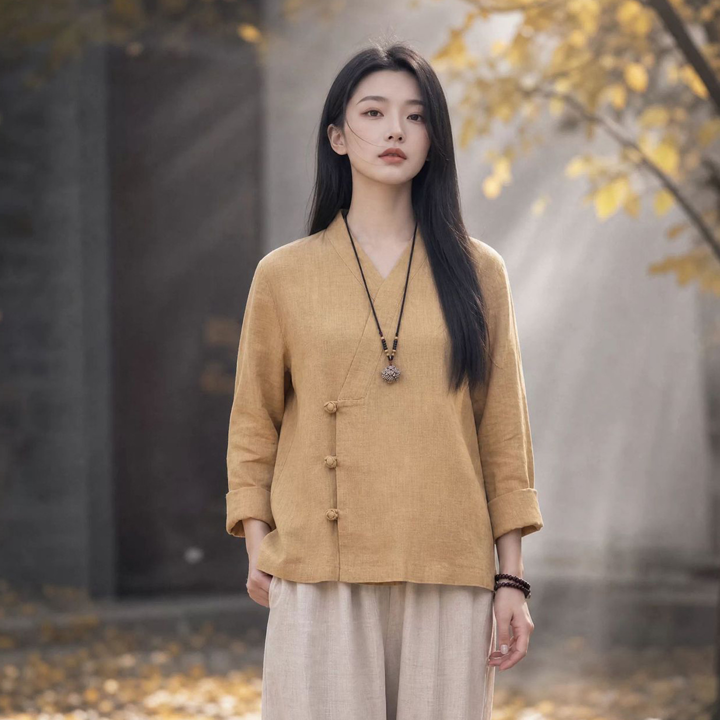 秋季上衣女新中式衬衫棉麻斜襟V领盘扣文艺复古禅意茶服纯色长袖